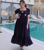 Dark purple color beautiful ceremonial fendy silk fabric gown for party looks