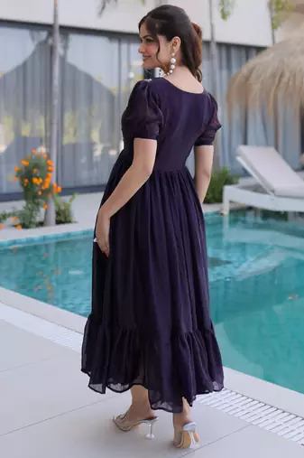 Dark purple color beautiful ceremonial fendy silk gown for party looks