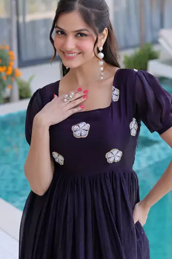 Dark purple color beautiful ceremonial fendy silk gown for party looks