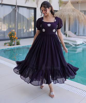 Dark purple color beautiful ceremonial fendy silk gown for party looks 4
