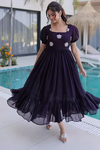 Dark purple color beautiful ceremonial fendy silk gown for party looks
