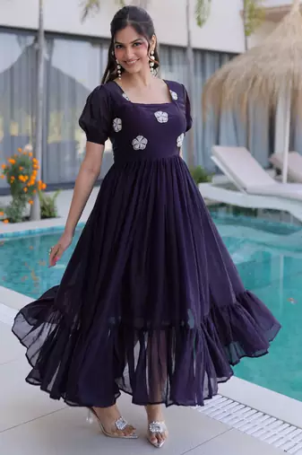 Dark purple color beautiful ceremonial fendy silk gown for party looks