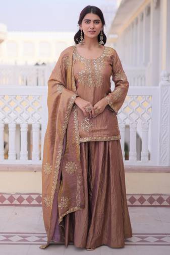 Gold color fendy crush fabric designer heavy embroidered ceremonial suit