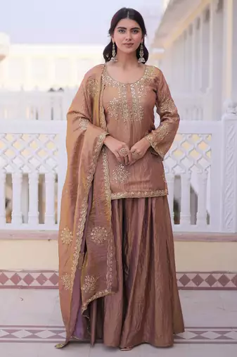 Gold color fendy crush fabric designer heavy embroidered ceremonial suit