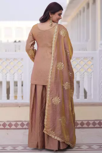 Gold color fendy crush heavy embroidered ceremonial suit