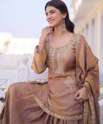 Gold color fendy crush heavy embroidered ceremonial suit 3