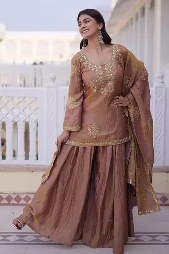 Gold color fendy crush heavy embroidered ceremonial suit