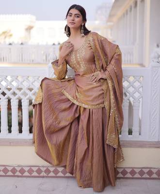Gold color fendy crush heavy embroidered ceremonial suit 5