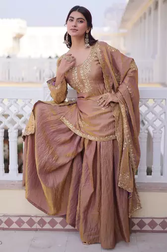 Gold color fendy crush heavy embroidered ceremonial suit