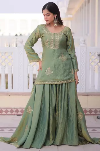 Pista color fendy crush fabric designer heavy embroidered ceremonial suit