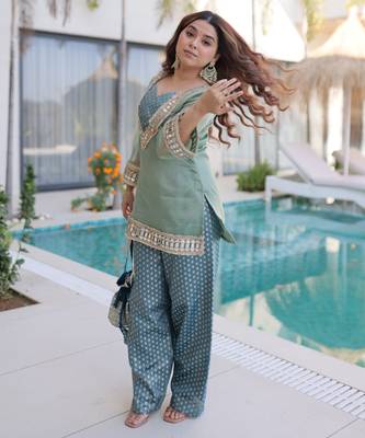 Sky blue color beautful embroidered punjabi suit with matching purse 2