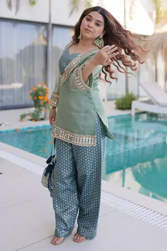 Sky blue color beautful embroidered punjabi suit with matching purse