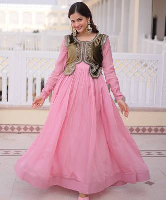 Pink color mal chanderi readymade gown with koti for partywear looks 1