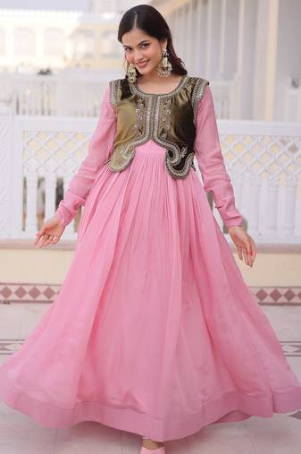 Pink color mal chanderi fabric readymade gown with koti for ethnic partywear looks