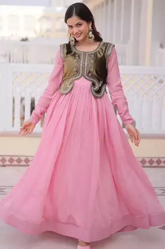 Pink color mal chanderi fabric readymade gown with koti for ethnic partywear looks