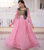 Pink color mal chanderi fabric readymade gown with koti for ethnic partywear looks