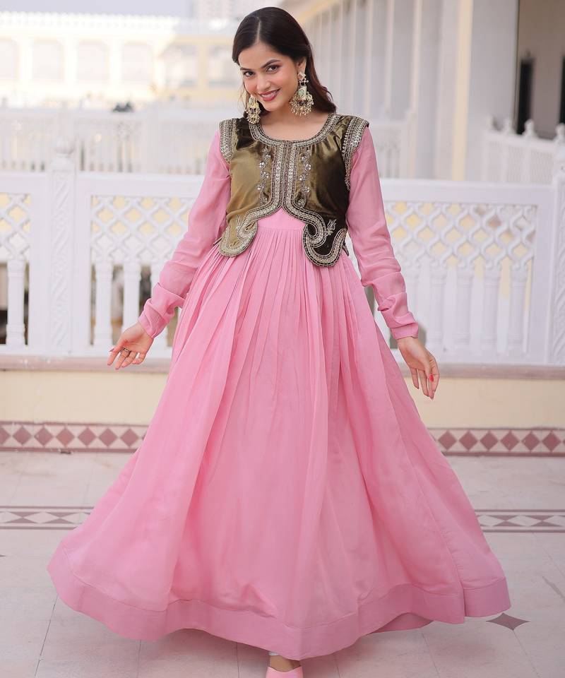 Pink color mal chanderi fabric readymade gown with koti for ethnic partywear looks