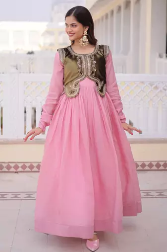 Pink color mal chanderi readymade gown with koti for partywear looks