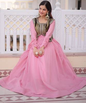 Pink color mal chanderi readymade gown with koti for partywear looks 3