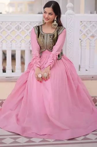 Pink color mal chanderi readymade gown with koti for partywear looks