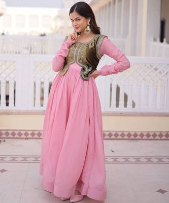 Pink color mal chanderi readymade gown with koti for partywear looks 4