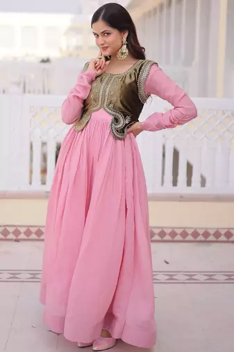Pink color mal chanderi readymade gown with koti for partywear looks