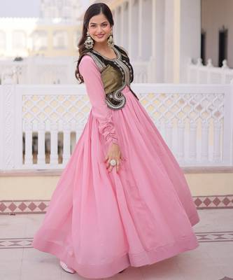 Pink color mal chanderi readymade gown with koti for partywear looks 5