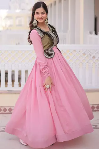 Pink color mal chanderi readymade gown with koti for partywear looks