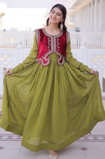 Green color mal chanderi fabric readymade gown with koti for ethnic partywear looks