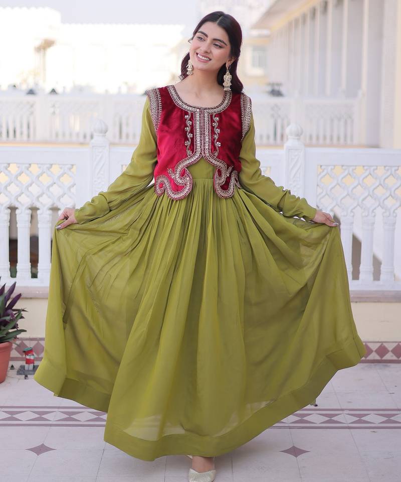 Green color mal chanderi fabric readymade gown with koti for ethnic partywear looks