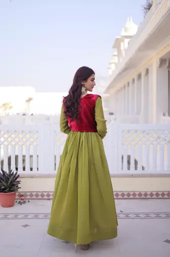 Green color mal chanderi readymade gown with koti for partywear looks