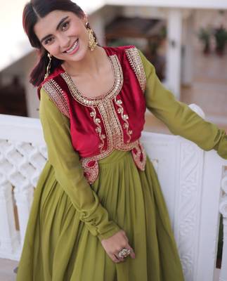Green color mal chanderi readymade gown with koti for partywear looks 3