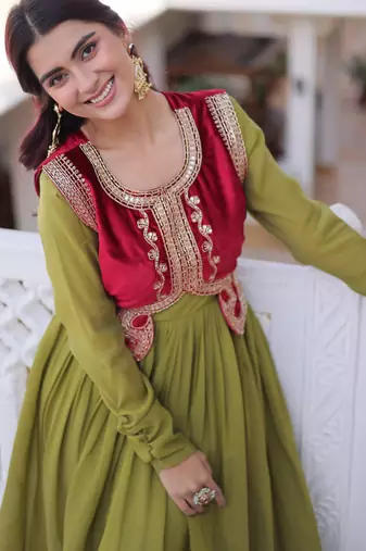 Green color mal chanderi readymade gown with koti for partywear looks