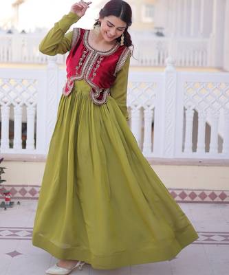 Green color mal chanderi readymade gown with koti for partywear looks 4