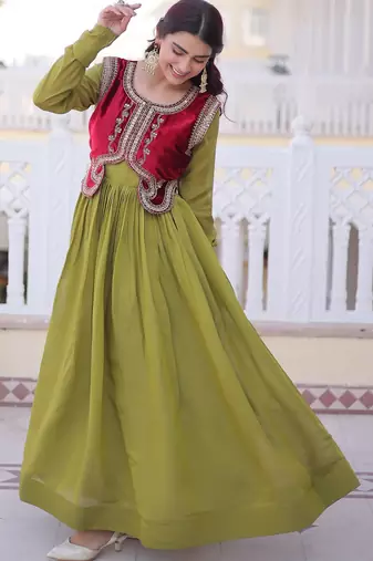 Green color mal chanderi readymade gown with koti for partywear looks