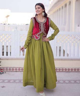 Green color mal chanderi readymade gown with koti for partywear looks 5