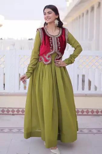 Green color mal chanderi readymade gown with koti for partywear looks