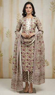 Beige color cotton stylish and trendy kurta set for girls 1