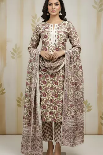 Beige color cotton fabric stylish and trendy kurta set for ethnic girls