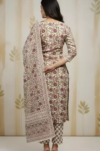 Beige color cotton stylish and trendy kurta set for girls
