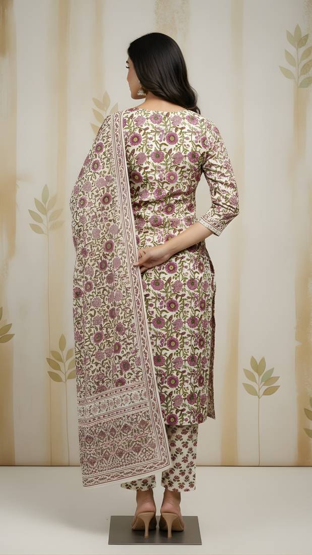 Beige color cotton fabric stylish and trendy kurta set for ethnic girls