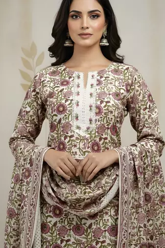 Beige color cotton stylish and trendy kurta set for girls