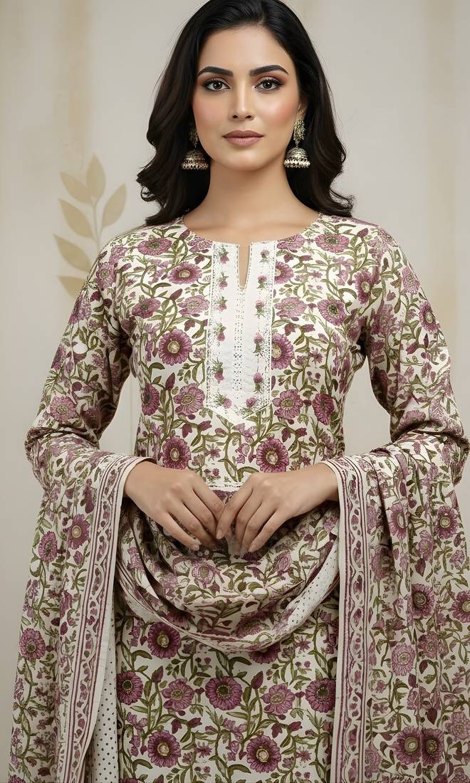 Beige color cotton fabric stylish and trendy kurta set for ethnic girls