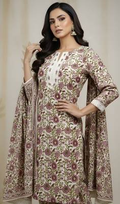 Beige color cotton stylish and trendy kurta set for girls 4