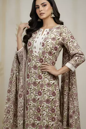 Beige color cotton stylish and trendy kurta set for girls