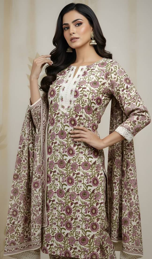 Beige color cotton fabric stylish and trendy kurta set for ethnic girls