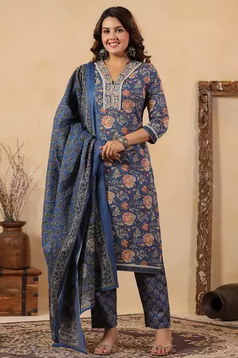 Blue color cotton fabric stylish and trendy kurta set for ethnic girls