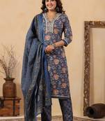 Blue color cotton fabric stylish and trendy kurta set for ethnic girls