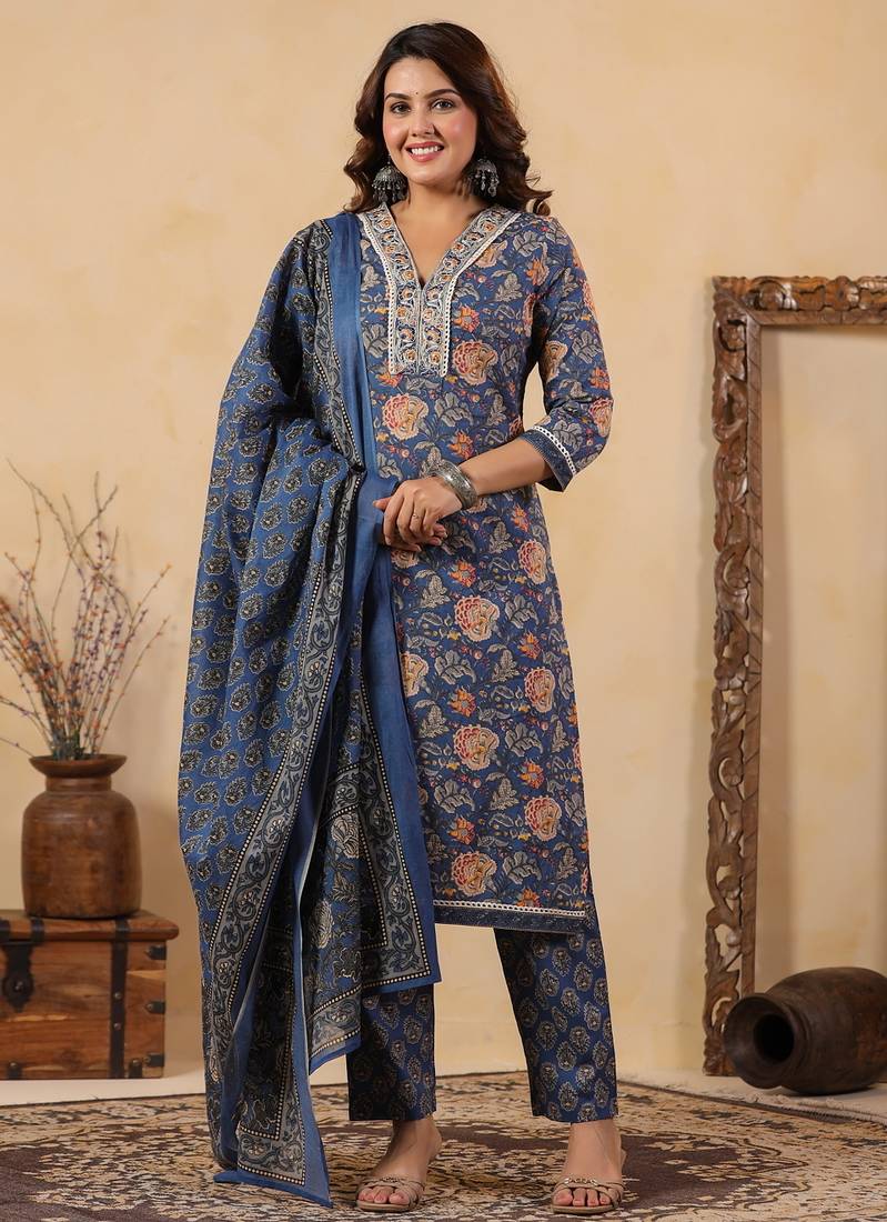 Blue color cotton fabric stylish and trendy kurta set for ethnic girls