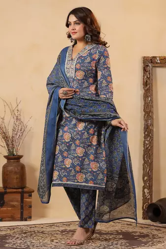 Blue color cotton stylish and trendy kurta set for girls